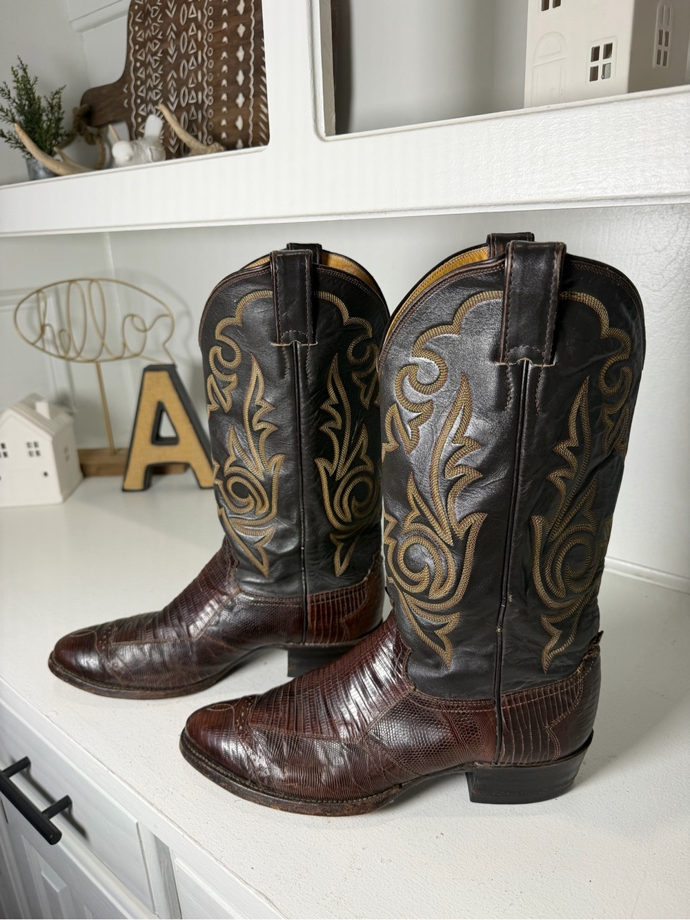 Justin Mens 8D Womens 9.5 Lizard Cowboy Boots Exotic Leather Western Vintage